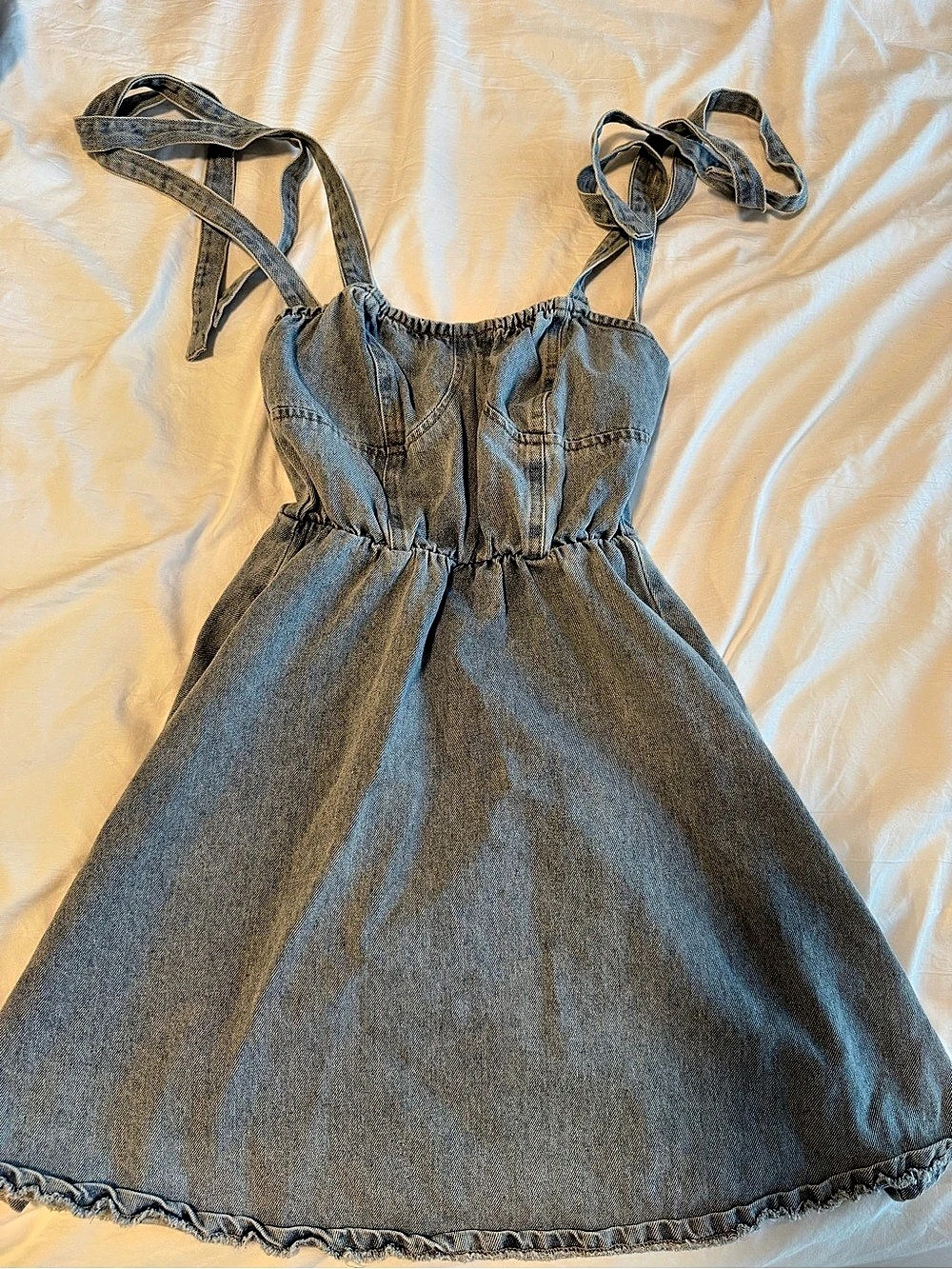 Smocked Denim Mini Dress Blue XS